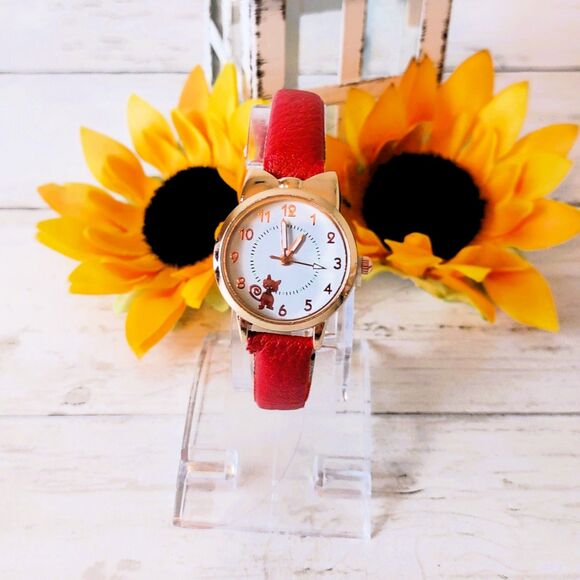 NEW Red Band Cat Face Watch Gold Tone Cat Ears Faux Leather - Picture 1 of 3